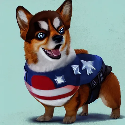 Image similar to corgi as captain america, digital artwork, artstation, high quality