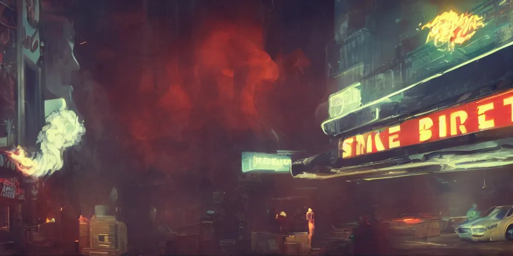 Image similar to joe biden eating a sandwich, smoke, fire, chaos, photo realistic, 8k, artstation, Blade runner, neon, neon signs in the distance, dark, cinematic, high contrast, epic