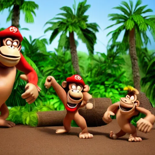 Image similar to Donkey Kong and Diddy Kong surrounded by tropical trees and barrels, 3D render, detailed clay model