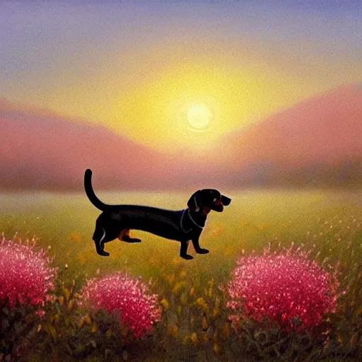 Image similar to mild, calm very tiny black Dachshund sleeping inside the flower on the sunrise, misty field, painting by Perov,