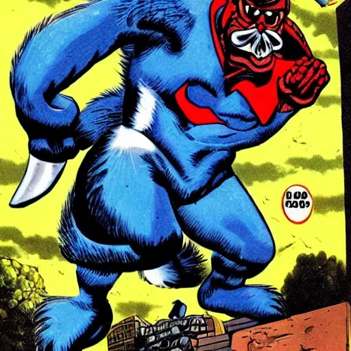 Image similar to a skunk that is blue and is also giant and a super hero by richard corben style