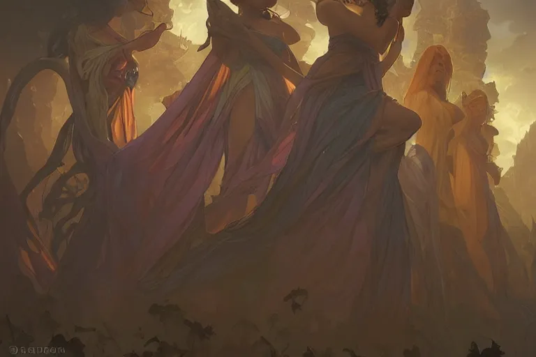 Prompt: a hyperrealistic render of a chorus in drapery around a stone of time, order, outdoor, art by Artgerm and Greg Rutkowski and Alphonse Mucha, hearthstone art style, epic fantasty card game art, Beautiful dynamic dramatic dark moody lighting, shadows, cinematic, Octane, 8K