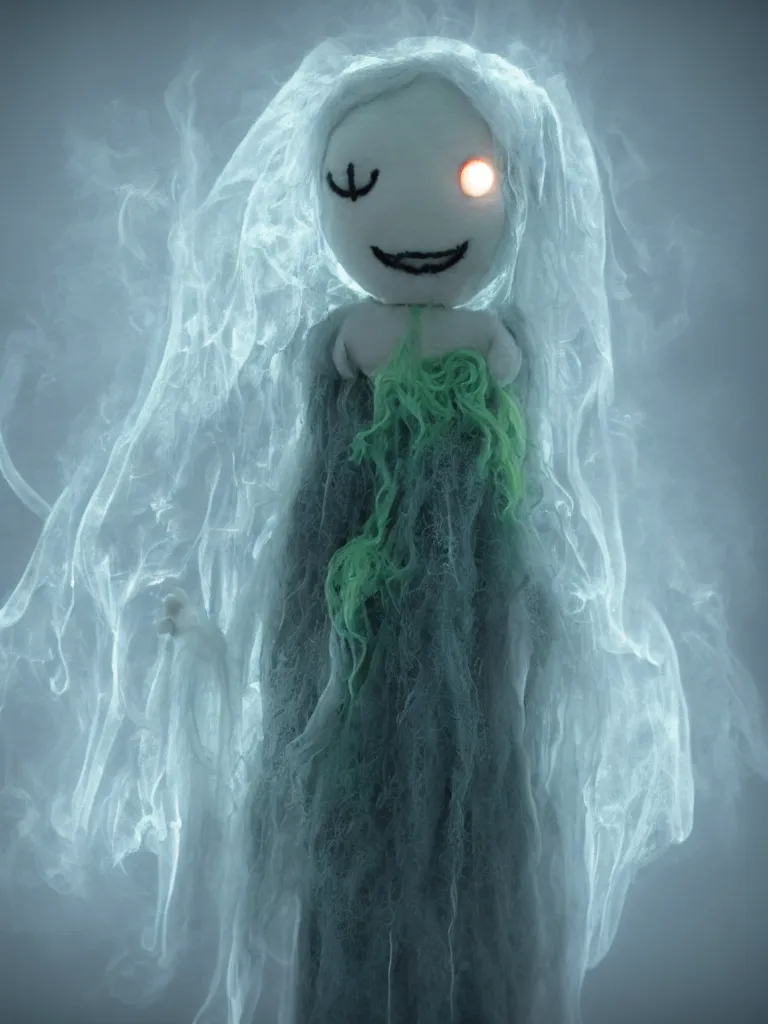 Image similar to cute fumo plush smiling ectoplasmic jellyfish ghost girl lingering in deep fog over mysterious waters, patchwork doll chibi gothic maiden in tattered melting rags, glowing wisps of hazy green smoke and eerie blue volumetric fog swirling about, moonlight, glowing lens flare, black and white, vray