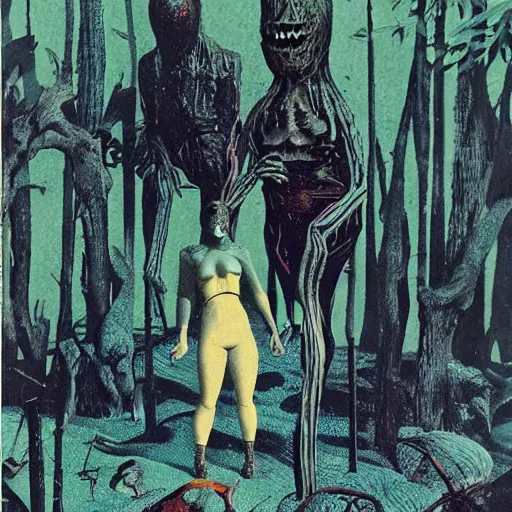 Image similar to sci - fi, hunters of monsters walking in a meat and bone forest, art by karel thole