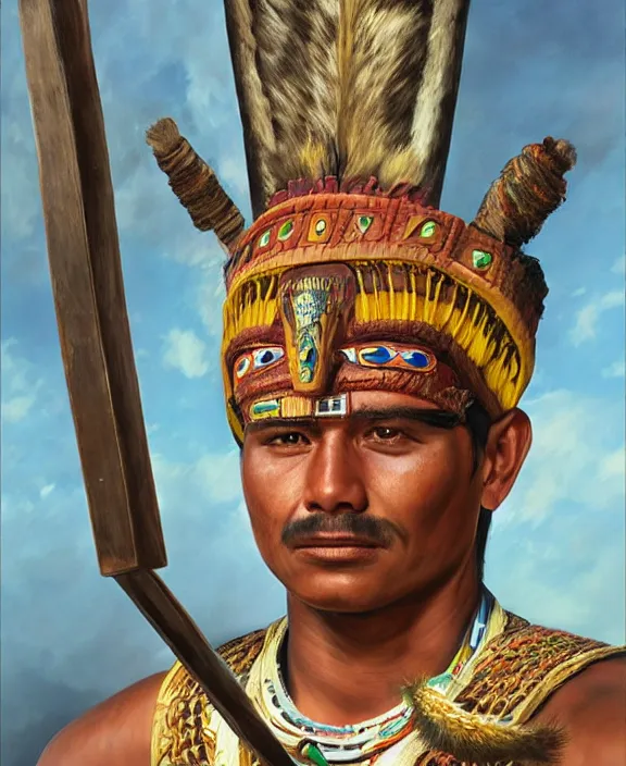 Image similar to portrait of a handsome mayan warrior in yucatan, art by denys tsiperko and franz xaver kosler and bogdan rezunenko, hyperrealism