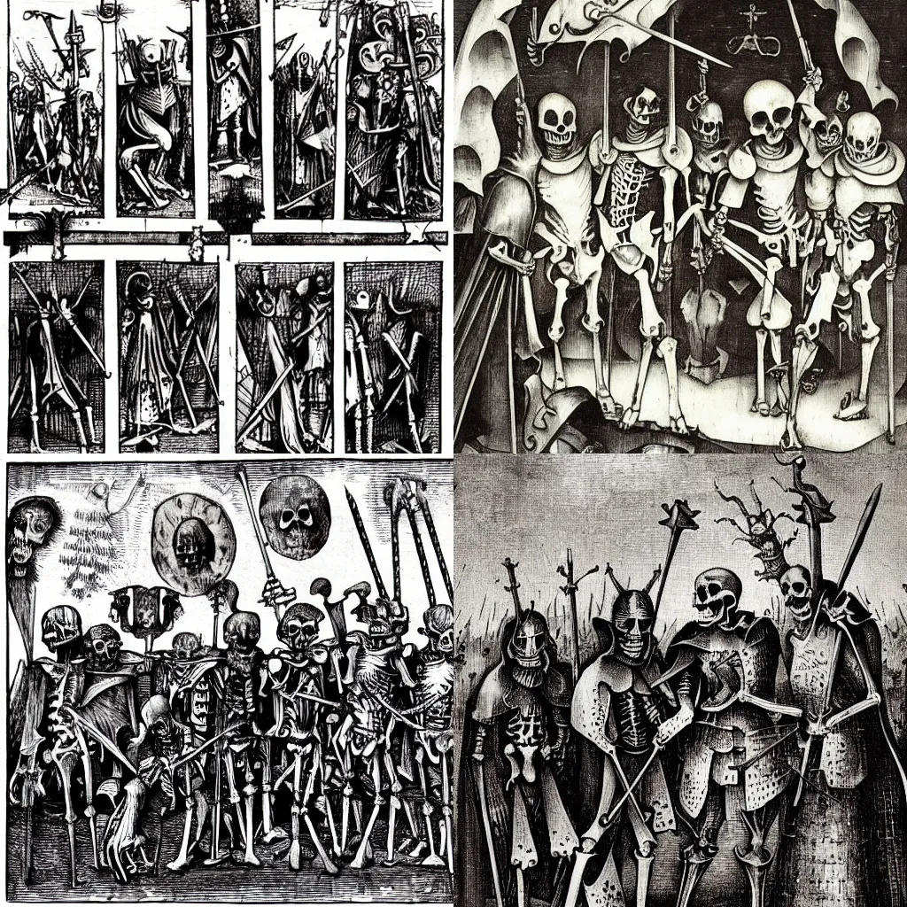 Prompt: skeleton knights, hieronymous bosch, dark fantasy