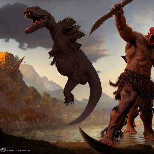 Image similar to Dark Skinned Orc Barbarian slaying a dinosaur with a chanting arena crowd in the background, Oil Painting, hyperrealistic, octane render, Detailed Digital Art, RPG scene, William-Adolphe Bouguereau, Michael Cheval, dynamic lighting, Highly Detailed, Cinematic Lighting, 8k, HD