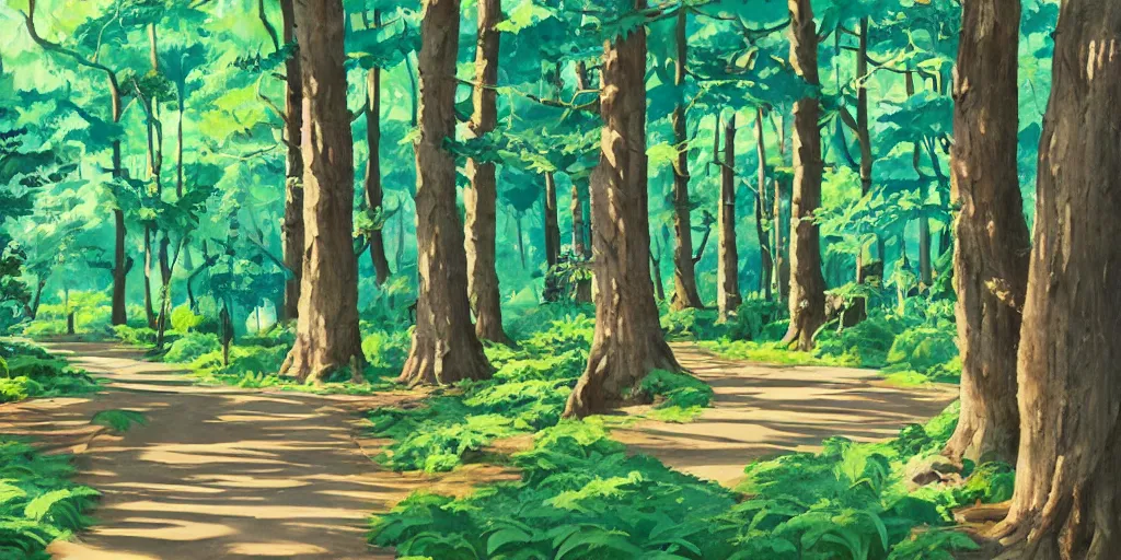 Prompt: forest walkway on a sunny day, traditional gouache painting by chinese studio, disney studio, pixar and kyoto animation