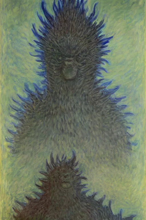 Image similar to portrait of shinzo abe as Godzilla painting by claude monet