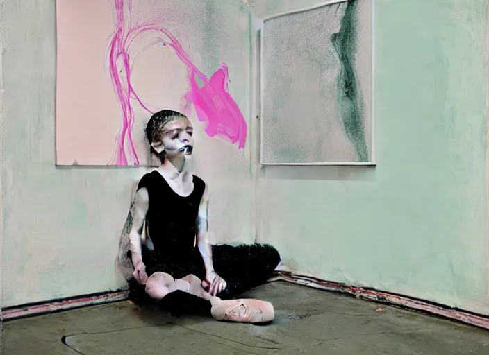 Prompt: portrait of nervous young girl ballerina sitting on the floor focusing in a dance hall by beeple and hernan bas and francis bacon and pat steir and hilma af klint, psychological, photorealistic, symmetrical face, dripping paint, washy brush, matte painting, rendered in octane, altermodern, masterpiece