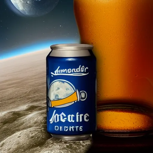 Image similar to a photo of a detailed, realistic, regular sized, sitting idle fender electric guitar next to a sitting idle beer can with an astronaut sitting down on the moon surface. detailed photo. realistic photo. cinematic. cinematic shot