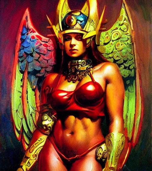 Prompt: portrait of strong iranian female chaos angel, beautiful! coherent! by frank frazetta, by brom, strong line, vivid neon color, shining metal power armor, iron helm, high contrast, maximalist