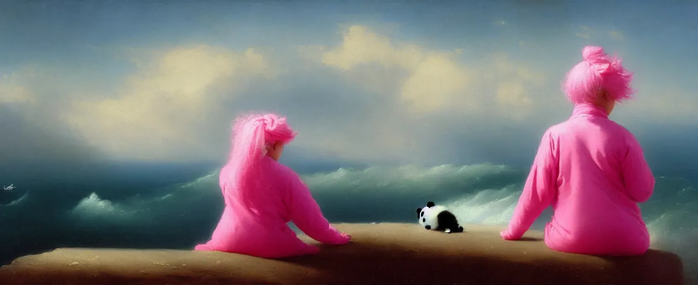 Image similar to an image of a girl with pink hair wearing a panda onesie looking across the ocean in the style of ivan aivazovsky,