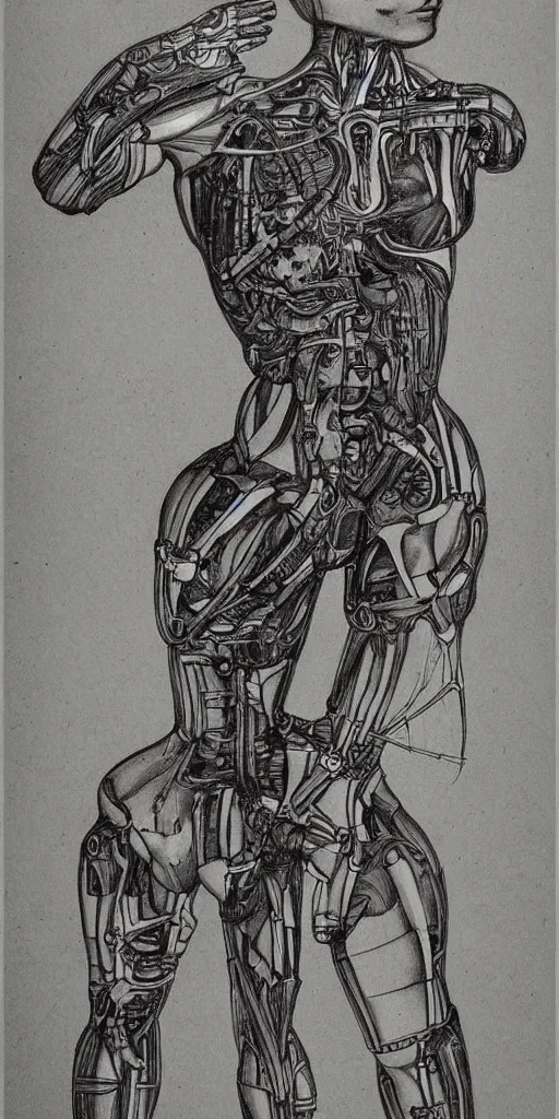 Prompt: futuristic cyborg anatomy drawing by da vinci