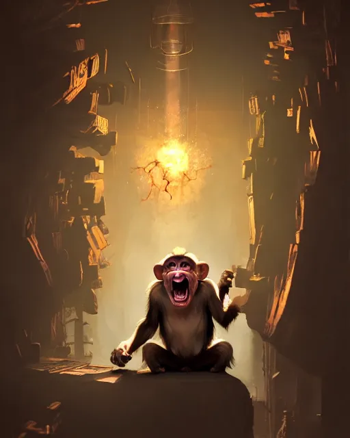 Image similar to Monkey Mad Scientist, laughing, D&D, artstation, fantasy, magic the gathering artwork, cinematic lighting, centered, symmetrical, highly detailed, digital painting, , concept art, smooth, sharp focus, illustration, volumetric lighting, epic Composition, 8k, art by Akihiko Yoshida and Greg Rutkowski and Craig Mullins, oil painting, cgsociety