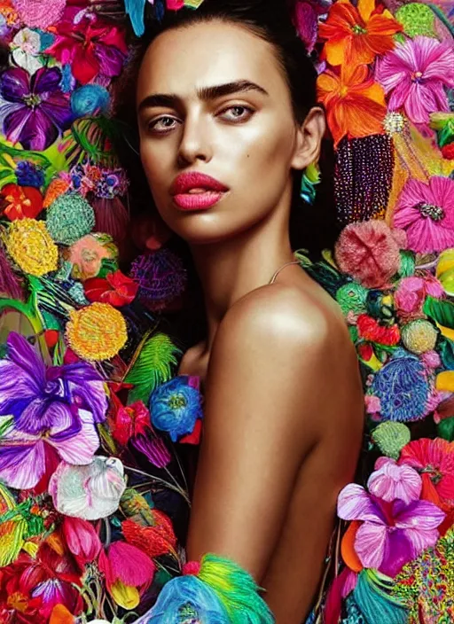 Image similar to beautiful portrait of Irina Shayk wearing fantastic Hand-dyed cotton dress,embellished beaded feather decorative fringe knots ,colorful pigtail,subtropical flowers and plants,symmetrical face,intricate,elegant,highly detailed,8k,digital painting,trending on pinterest,GUCCI,PRADA,harper's bazaar,concept art, sharp focus, illustration,by artgerm,Tom Bagshaw,Lawrence Alma-Tadema,greg rutkowski