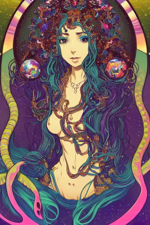 Image similar to psychedelic, intricate, highly detailed, anime, 4k, beautiful seductive snake monstergirl holding a huge orb containing the universe, with professional makeup, long trippy hair, surrounded by gems, underneath the stars, trending on patreon, deviantart, twitter, artstation, volumetric lighting, heavy contrast, by artgerm and Ilya Kuvshinov and alphonse mucha, interstellar galaxy