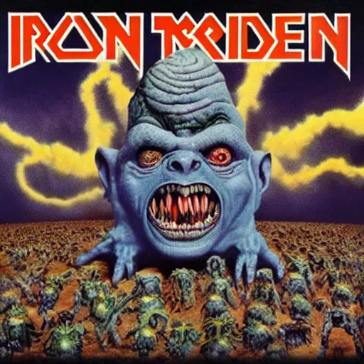 Prompt: boglins on iron maiden album cover, 8 k resolution hyperdetailed scary dystopian surrealism