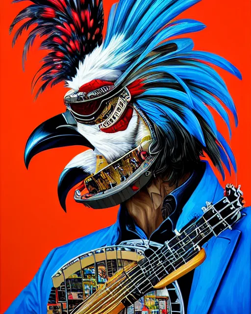 Image similar to a portrait of an anthropomorphic cyberpunk rooster shredding a banjo by sandra chevrier, by jon foster, detailed render, tape deck, epic composition, cybernetics, 4 k realistic, cryengine, realistic shaded lighting, sharp focus, masterpiece, by enki bilal