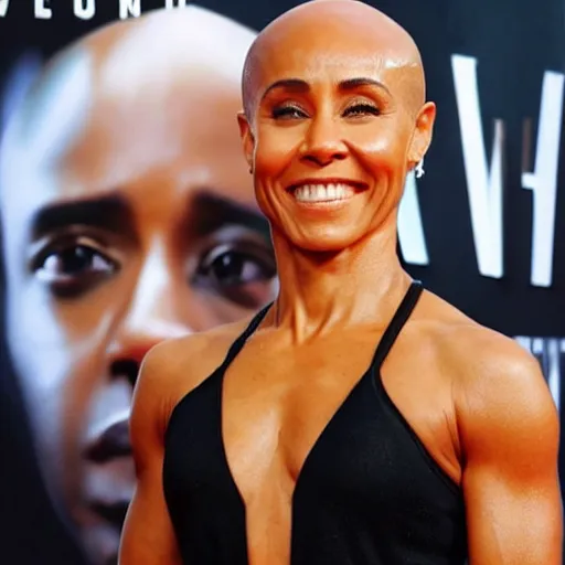 Prompt: photo of jada pinkett smith with a bald head standing in front of a large movie poster featuring her bald head