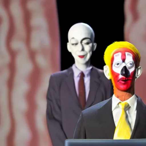 Image similar to marionette of a president with clown makeup in a podium and a human shadow behind