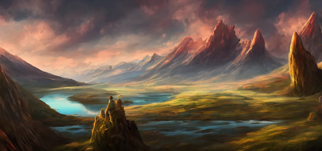 Image similar to vast beautiful landscape, color palette, wide angle, panoramic, distant mountains, lake, painting, magic the gathering, intricately detailed, award winning, artstation award, color scheme, fantasy, concept art