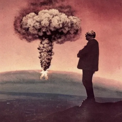 Image similar to atomic bomb being dropped on man looking up