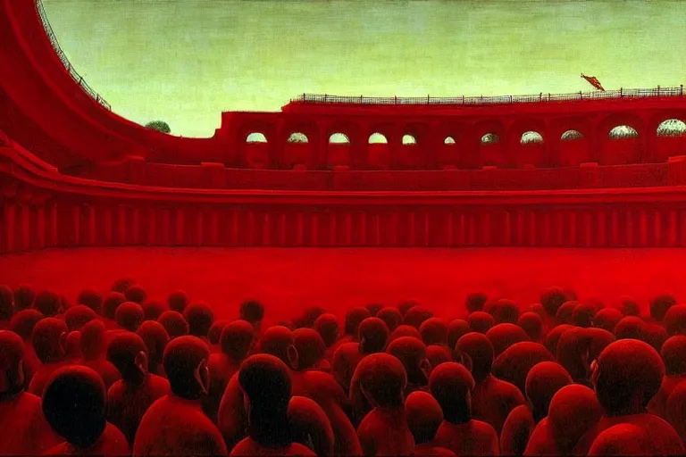 Image similar to only with red, a red great emperor, taormina amphitheatre, crowd with big smile, in the style of beksinski, parts by edward hopper, parts by rodcenko, parts by yue minjun, intricate and epic composition, red by caravaggio, insanely quality, highly detailed, masterpiece, red light, artstation, 4 k