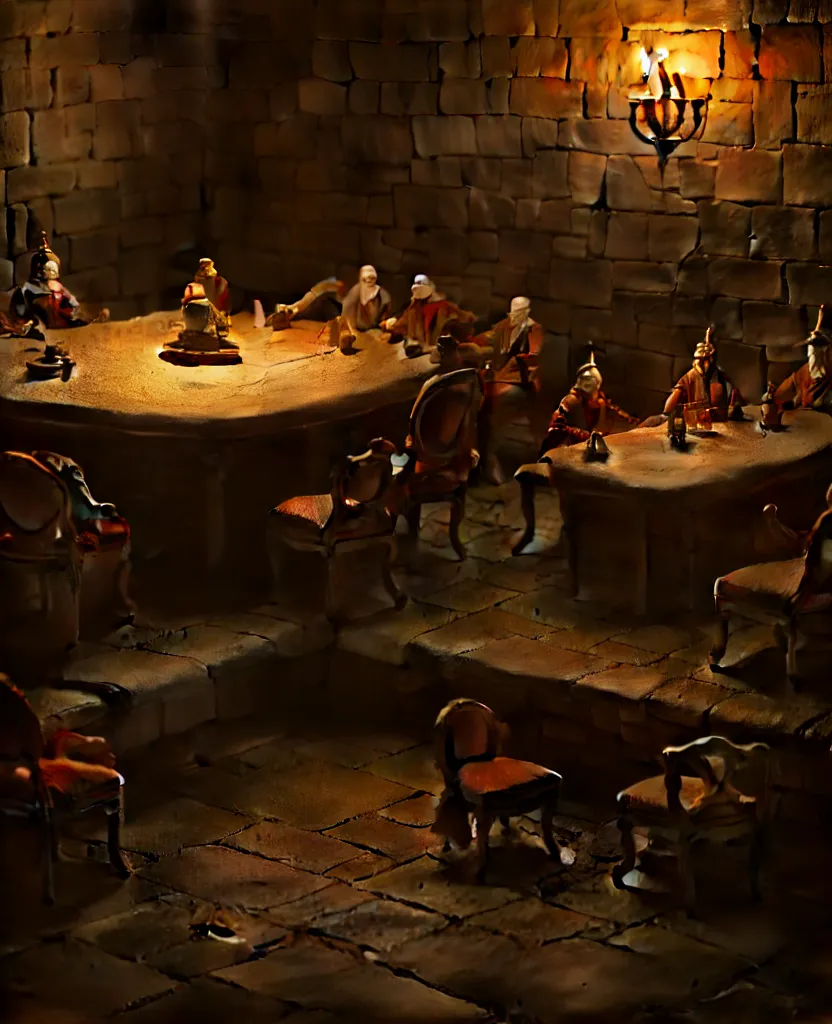 Image similar to the forbidden underground meetings of the traitors, a dimly lit stone room, a single table, some old chairs, all traitors are debating how to kill the king, cinematic landscape, betrayal in the air, octane render, artstation