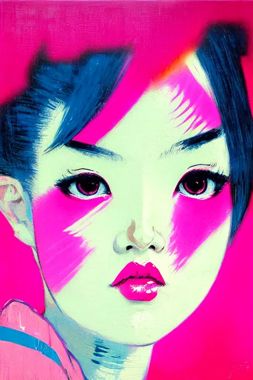 Image similar to portrait of a stylized japanese young geisha, painted in acrylic, pigment textures, in the colors hot pink and cyan, beautiful realistic face, rule of thirds, spotlight, by greg rutkowski, by jeremy mann, by francoise nielly, by van gogh, by ross tran, in focus