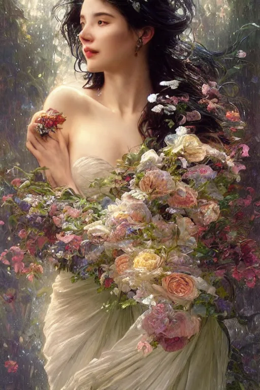 Image similar to portrait of a beautiful mysterious woman holding a bouquet of flowing flowers, wet dripping long hair, hands hidden under the bouquet, emerging from the water, fantasy, regal, intricate, by stanley artgerm lau, greg rutkowski, thomas kindkade, alphonse mucha, loish, norman rockwell