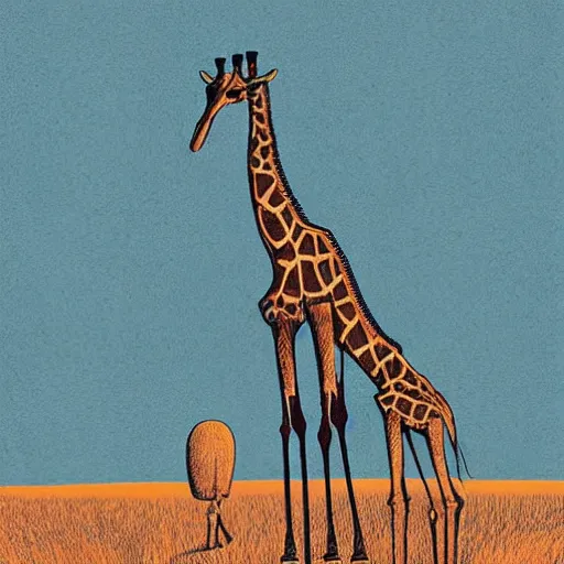 Prompt: safari on a surreal martian like world, strange unknown tall giraffe like creatures roaming the barren plains, woodblock, black fine lines on warm brown, by stanley donwoood, by victo ngai