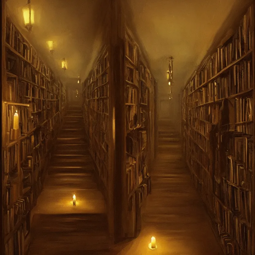 Prompt: dark creepy victorian corridor with bookshelves everywhere and two candles, by Stefan Koidl. artstation, blue lighting.