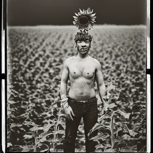 Prompt: A wet-collodion photograph of a man standing in a field of sunflowers with an apple on his head, shallow depth-of-field