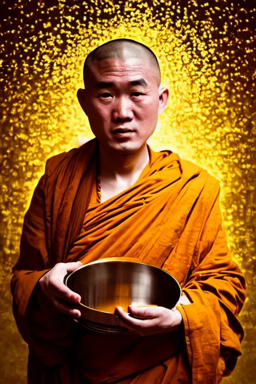 Image similar to highly detailed potrait of buddhist monk with liquid gold coming out of in his mounth by stanley kubrick and tooth wu and wlop and beeple