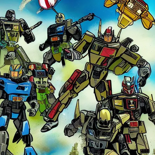 Image similar to GI Joe and Transformers mixed into a dream storybook illustration