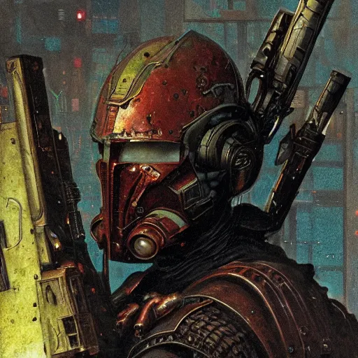 Image similar to the doomslayer as a cyberpunk knight, closeup portrait art by norman rockwell and donato giancola and greg rutkowski