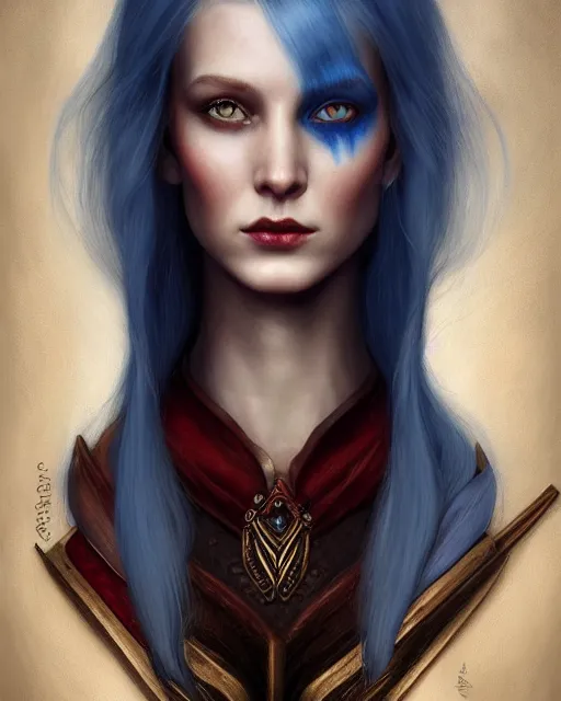 Prompt: a detailed matte oil on canvas head on symmetrical portrait of a distinguished elven woman with half and half red blue hair by charlie bowater, lise deharme, wlop, trending on artstationhd, dungeons and dragons art critical role, half and half hair dye, split hair dye, two tone hair dye, dye hair