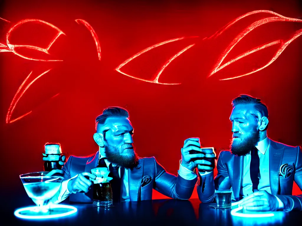 Image similar to conor mcgregor drinking a beer in an irish pub, laser show with blue cloud patterns, well framed, neon standup bar, trending on art station, in the style of the movie heat with al pacino, volumetric lighting & shadows, digital art, unreal engine, 4 0 0 mm f 1. 2,