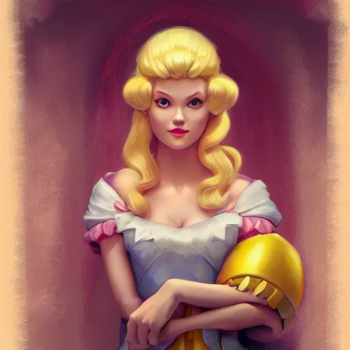 Prompt: princess peach as realistic blond human character art portrait, matte fantasy painting, deviantart artstation, by jason felix by steve argyle by tyler jacobson by peter mohrbacher, cinema c 9. 0