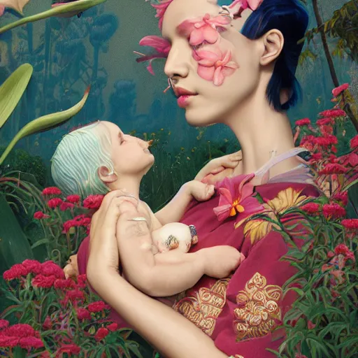 Prompt: pretty mother breastfeeding child with lilies : : by martine johanna and simon stalenhag and chie yoshii and casey weldon and wlop : : ornate, dynamic, particulate, rich colors, intricate, elegant, highly detailed, vogue, harper's bazaar art, fashion magazine, smooth, sharp focus, 8 k, octane render