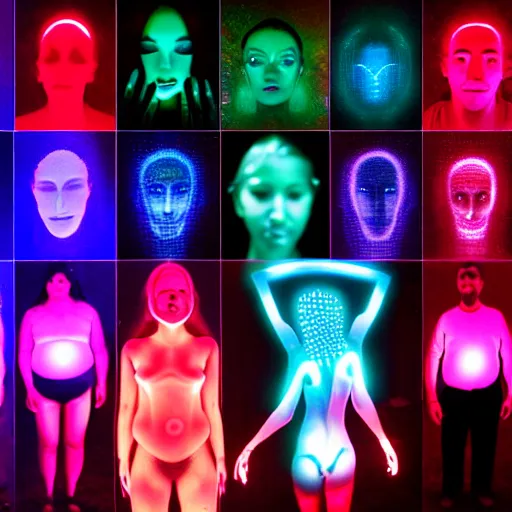 Image similar to diverse groups of humans with glowing electronic body implants projecting amazing images collectively, from behind, rebirth, beauty, wide angle, elaborate, wet, highly detailed, colors, beautiful lighting