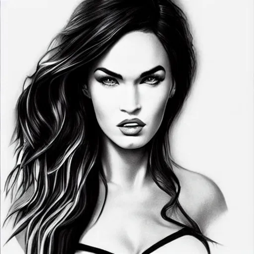 Prompt: megan fox portrait, hyper - realistic black and white drawing, amazing detail, in the style of den yakovelv