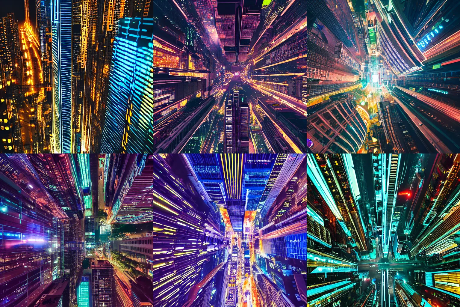 Prompt: An arial view of a cybernetic sci-fi city at night, neon, led screens, haze, by xuteng pan Albert Ramon Puig Masashi Imagawa straight down vertical photography wide shot Vadim Makhorov Vitaliy Raskalov