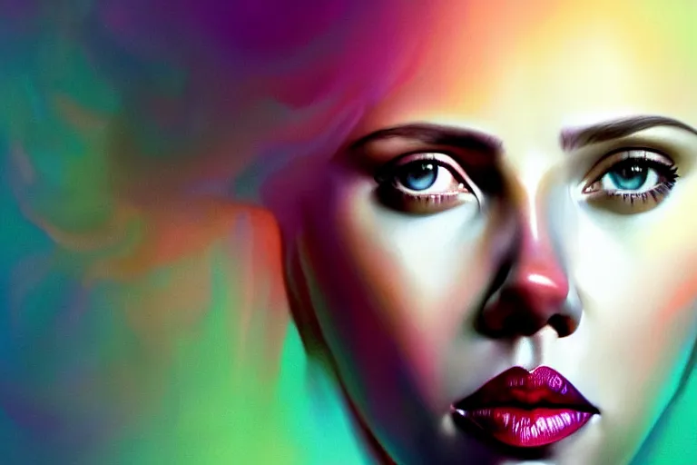 Image similar to surreal Portrait of Scarlett Johansson in dmt chromatic surreal liquid enviroment , elegant, highly detailed, smooth, photoreal, sharp focus, illustration, beautiful, geometric, dmt trending on artstation, cinematic, artwork by WLOP
