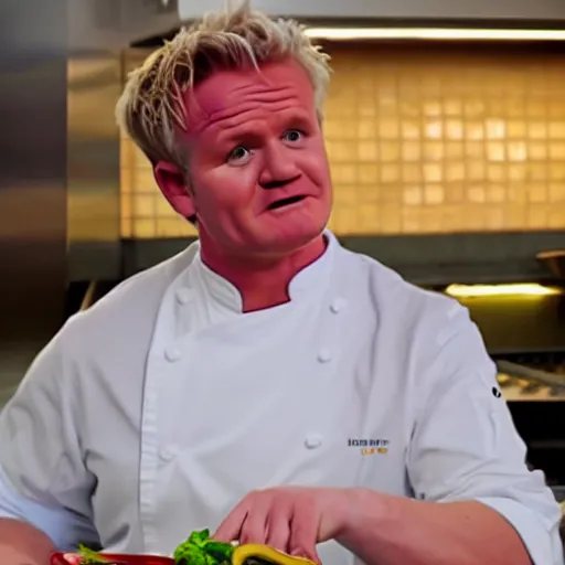 Image similar to hyper real Gordon Ramsey cooking a unicorn in kitchen 4k