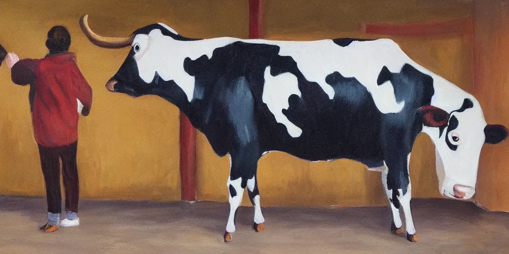 Prompt: detailed modern painting of a cow teaching a class