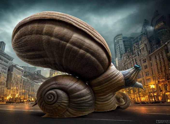 Image similar to giant snail terrorizes the city. fantasy horror style. highly detailed 8 k. intricate. nikon d 8 5 0 3 0 0 mm. award winning photography.