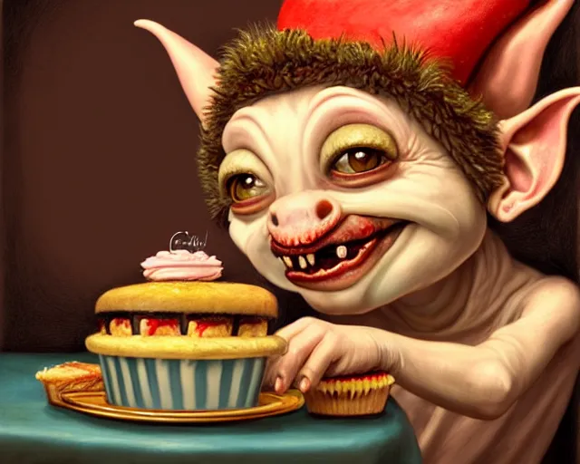 Image similar to closeup profile portrait of a medieval goblin eating cakes in a 1 9 5 0 s diner, nicoletta ceccoli, mark ryden, lostfish, max fleischer, hyper realistic, artstation, illustration, digital paint, matte paint, vivid colors, bright, cheerful, detailed and intricate environment