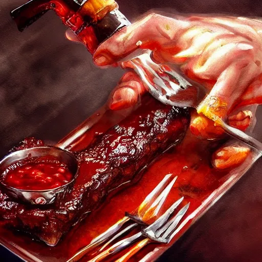 Prompt: Chris Hemsworth eating BBQ Ribs BBQ Sauce stains closeup DD fantasy intricate elegant highly detailed digital painting artstation concept art